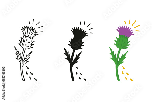 Thistle Art Styles. Thistle stalk, scattering down, sunlight glint, first in line style with thin outline, second in solid style
