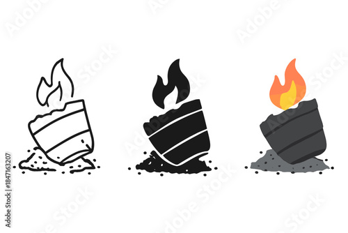 Charred Barrel Artistry. Charred barrel fragment, tiny flame, ash pile, first in line style with thin outline, second in solid
