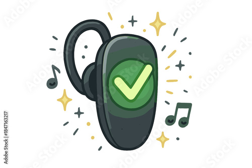 Glowing Earpiece Delight. An earpiece with a glowing “correct” checkmark, tiny happy sound icons and doodle sparkles around,