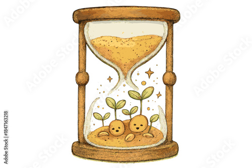 Whimsical Seedling Hourglass. An hourglass with sand turning into tiny sprouting seeds as it falls, smiling seedlings and doodle