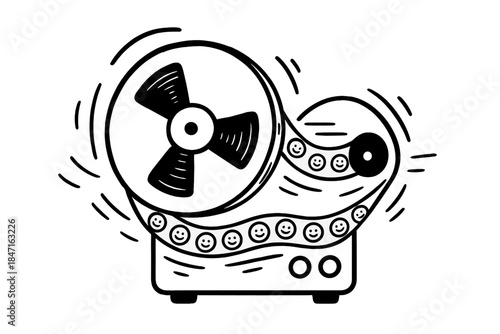 Reel-to-Reel Bliss. A reel-to-reel tape spinning with tiny happy faces on the tape loops, doodle motion lines showing data flow,