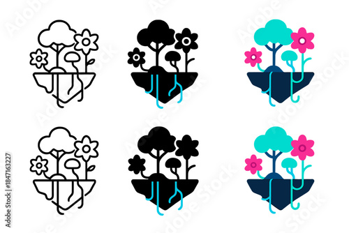 Bioluminescent Forest Icons. Floating bioluminescent forest with neon vines and synthetic flowers, surreal futuristic ecosystem,