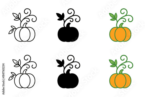 Elegant Pumpkin Vine Design. Twisting pumpkin vine with fine leaf accents, elegant minimalist vector icon, first in line style