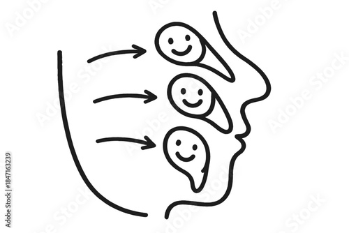 Smiling Tongue Diagram. A tongue position diagram with smiling tongue icons pointing to different articulation spots, friendly and