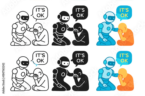 Futuristic Grief Therapy Robot. Robotic companion projecting glowing thought bubbles of reassurance, futuristic grief therapy