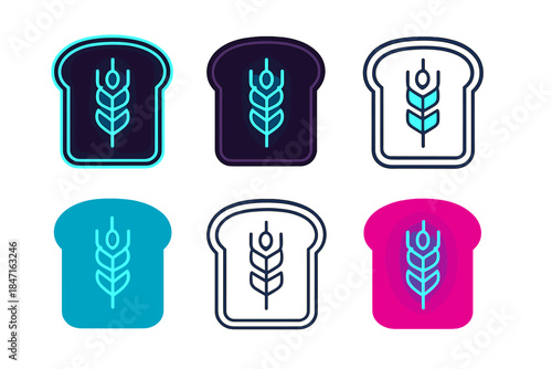Cyberpunk Bread Design. Bread slice with digital glowing kernel pattern, cyberpunk bakery theme, simple minimal vector design,