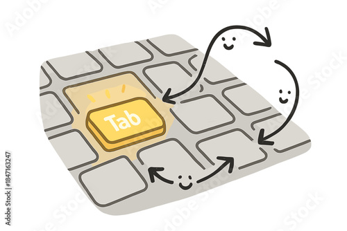 Glowing Tab Key. A keyboard with a glowing “Tab” key, tiny happy doodle arrows showing navigation flow, simplified and cheerful