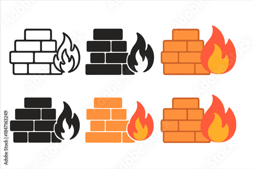 Brick Kiln Artistry. Clay bricks stacked beside a roaring kiln fire, simple minimal vector design, first in line style with thin