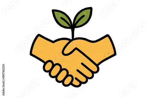 Eco-Friendly Agreement. A permission symbol represented by a handshake with a small leaf growing between the hands, cheerful and