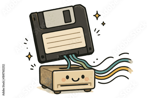 Playful Retro Tech. A floppy disk being read by a smiling vintage drive emulator, tiny doodle sparks and happy data lines flowing,