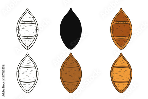 Birch Canoe Variations. Top view of a birch bark canoe with gentle curves and natural texture, abstract minimalist vector, first