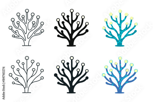 Bioluminescent Coral Forms. Coral formations with bioluminescent tips and synapse-like patterns, abstract minimal vector design,