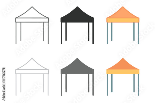 Minimal Tent Designs. Foldable tent with simple frame and fabric panels, abstract minimal vector design, first in line style with