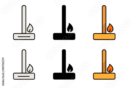 Fire-Starting Icons. Fire-starting spindle and base board with glowing ember, clean geometric minimal icon, first in line style