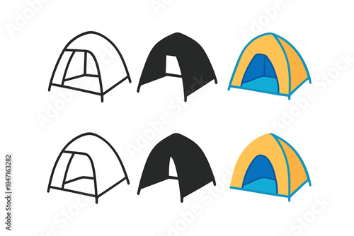 Minimal Shelter Designs. Lightweight deployable shelter with open entrance and structural frame, clean minimal vector design,