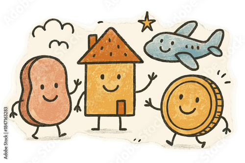 Friendly Expense Icons. Playful doodle composition showing friendly icons representing expense categories — food, rent, travel,