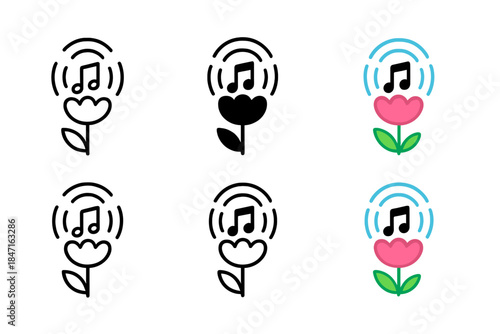 Musical Flower Icon. Musical flower with vibrating pistil and concentric sonic rings, clean minimal vector icon, first in line