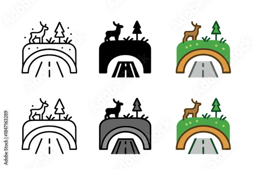Wildlife Bridge Icon Variations. Bridge with integrated green habitat for wildlife crossing city streets, clean geometric minimal