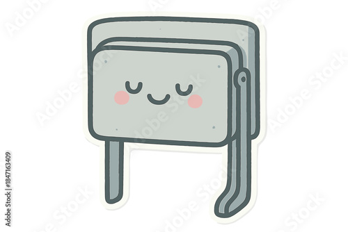Whimsical Foldable Table. A smiling table folding flush against a wall, soft rounded forms, limited pastel gray and light blue