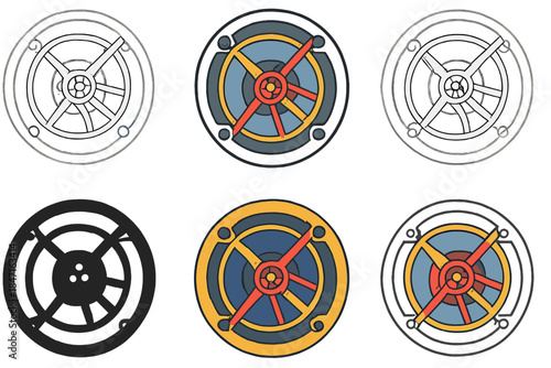 Watch Tourbillon Designs. Close-up of watch tourbillon cage spinning inside timepiece, abstract minimal vector design, first in