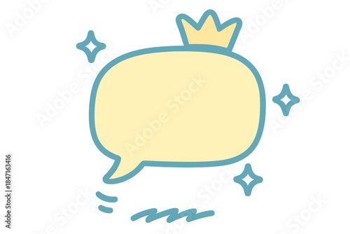 Playful Speech Bubble. A "Yes, and..." speech bubble bouncing with tiny sparkles and a crown, soft rounded edges, limited pastel
