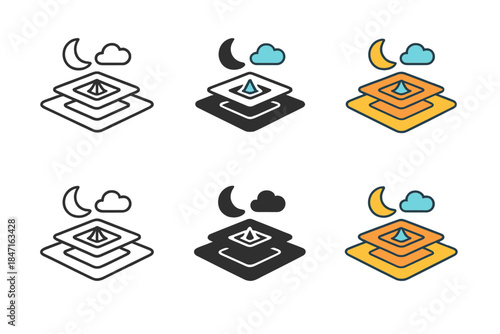 Recursive Floating Dreamscape. Nested floating platforms and surreal objects forming recursive dreamscape, clean minimal vector