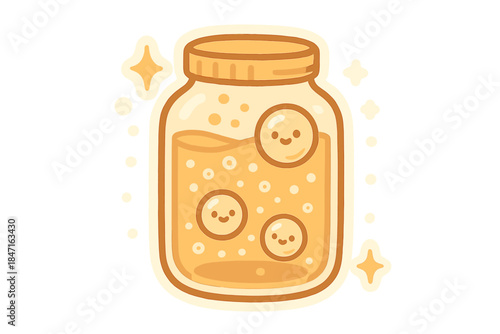 Sparkling Mason Jar. A mason jar bubbling happily with tiny animated sparkles and smiling bubbles, soft rounded Doodle shapes,