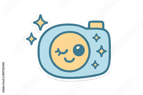 Winking Eye Doodle. A winking eye ready to "take photo," tiny happy sparkles around it, soft rounded shapes, limited pastel blue