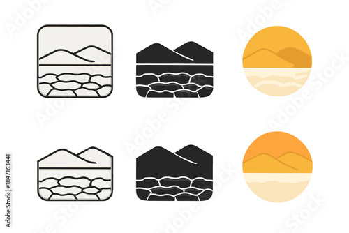 Salt Crust Icons. Flat salt crust with subtle texture and desert horizon, simple minimal vector icon, first in line style with