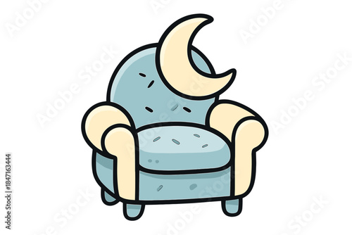 Crescent Moon Armchair. A cute armchair with a crescent moon-shaped backrest, soft rounded shapes, limited pastel blue and cream