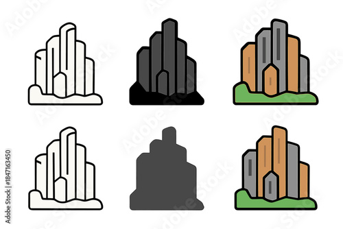 Polygonal Basalt Columns. Basalt cliff with vertical polygonal columns extending upward, clean geometric minimal icon, first in