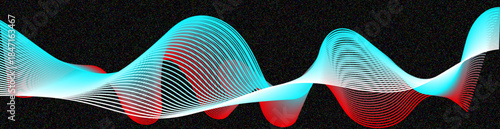 High-contrast abstract wireframe wave vector in neon cyan and red on a dark textured background, showcasing a futuristic digital mesh for data visualization and high-tech branding, editable EPS file.