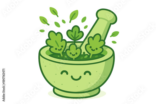 Joyful Herbal Crush. A joyful mortar and pestle crushing herbs with tiny animated leaves flying out, friendly faces on each herb,