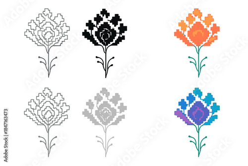 Fractal Pixel Bloom. Fractal-inspired flower bloom made of pixel petals and wire stems, visual metaphor for evolving artificial