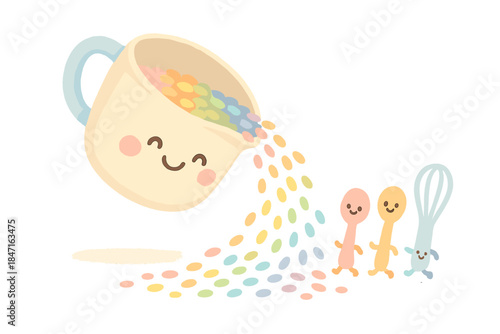 Whimsical Kitchen Scene. A cheerful measuring cup spilling rainbow-colored grains, tiny smiling utensils hopping nearby, soft