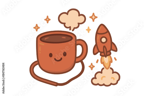 Rocket Fuel Mug. A smiling coffee mug fueling a tiny rocket, sparkles and steam clouds around, soft rounded doodle style, warm