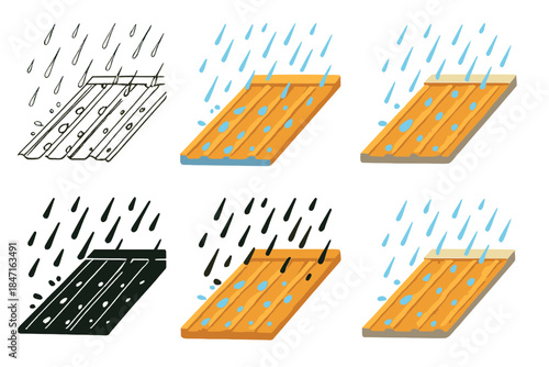Rain on Metal Roof. Diagonal roof section under steady rain, droplets bouncing and sliding along metal grooves, calm atmospheric