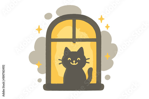 Smiling Cat Silhouette. A lit window with a smiling cat silhouette inside, tiny sparkles around the window, soft rounded doodle