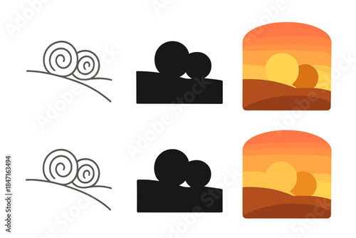 Serene Sunset Silhouette. Two hay bales on rolling hill with gradient sunset horizon, minimal countryside silhouette showing peace