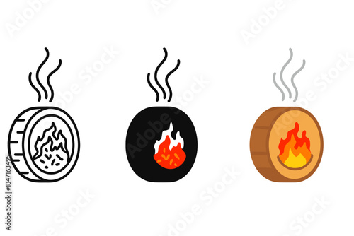 Smoldering Apple Log. Cross-section of smoldering apple log showing embers inside and smoke flow lines above, minimalist craft