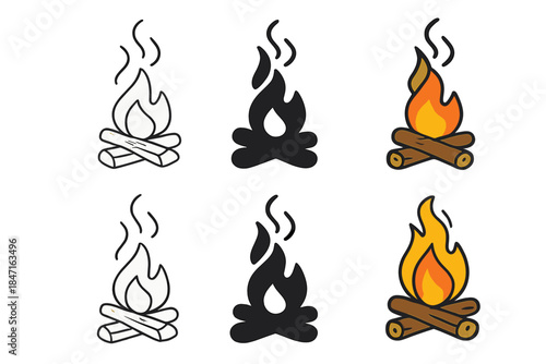 Glowing Campfire Styles. Campfire with small apple wood pieces glowing and releasing fragrant smoke, warm balanced rustic