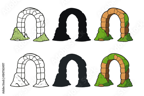 Moss-Covered Resilient Arch. Stone arch partially covered with moss, representing resilience and nature’s reclamation, clean