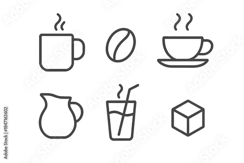 Cozy Drink Icons. Line style icons of Cozy Drinks: mug, coffee bean, teacup, milk jug, straw glass, sugar cube. No text, No labels