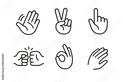 Gesture Line Icons. Line style icons of Simple Movements: wave, peace sign, pointing up, fist bump, ok gesture, soft touch. No