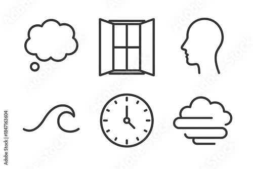 Inner Worlds Icons. Line style icons of Inner Worlds: thought bubble, open window, face outline, wave, clock, fog shape. No text,