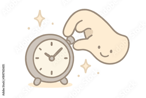 Joyful Clock Adjustment. A happy hand adjusting a tiny clock dial, sparkles floating around, soft rounded doodle style, pastel