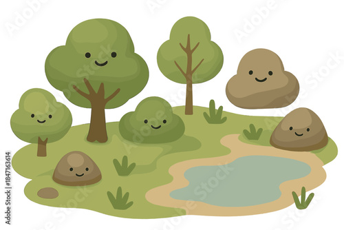 Playful Habitat Scene. A playful "habitat reconstruction" background layer with tiny smiling trees and rocks, soft rounded