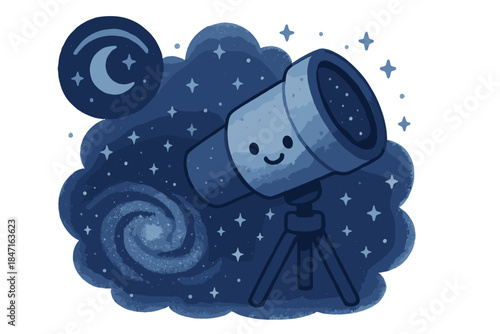 Cosmic Telescope Delight. A smiling telescope viewing a clear galaxy under a cheerful "protected darkness" symbol, tiny stars
