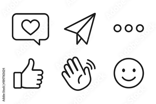 Online Affection Icons. Line style icons of Online Affection: heart message, sent icon, blinking dot, like button, wave hand,