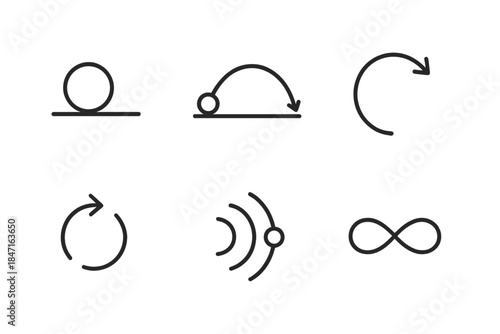 Kinetic Motion Icons. Line style icons of Kinetic Motion: rolling ball, trajectory line, speed arc, curved arrow, momentum ripple,